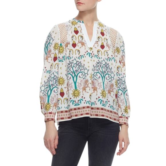 SANDRO Azucar Print Chiffon Blouse In Off White 2|M - Picture 2 of 12